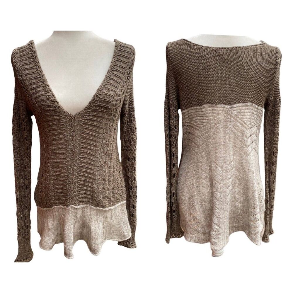 Free People Boho Open Knit Peplum Hem Sweater Tunic Brown Beige Taupe Size S